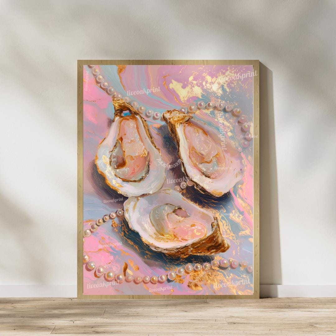 Set of 2 Oyster and Pearl Art Prints – Coastal Glam Wall Art Pink Maximalist Decor Feminine Vanity Wall Decor Ocean-Inspired Dopamine Decor