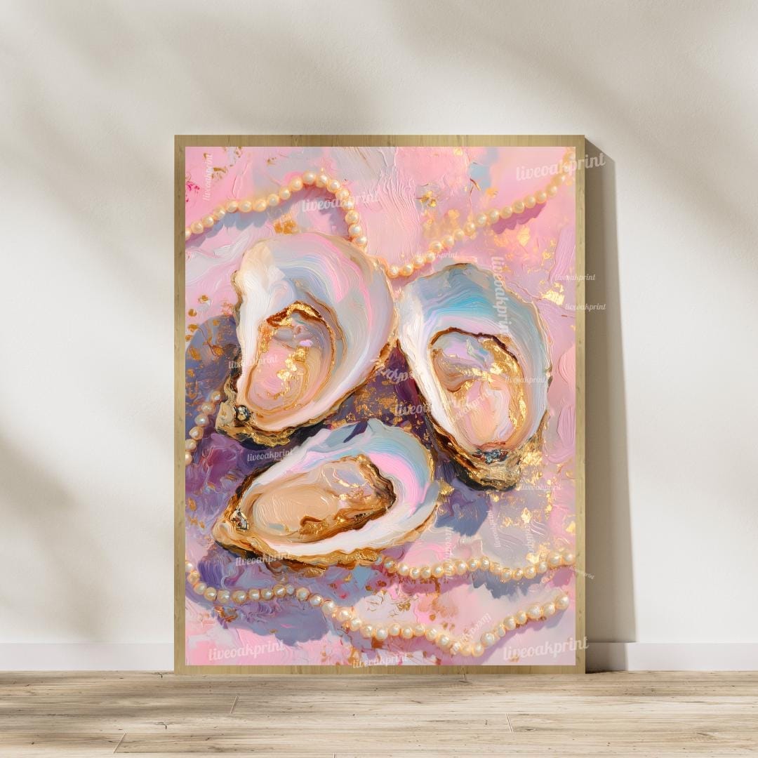 Set of 2 Oyster and Pearl Art Prints – Coastal Glam Wall Art Pink Maximalist Decor Feminine Vanity Wall Decor Ocean-Inspired Dopamine Decor