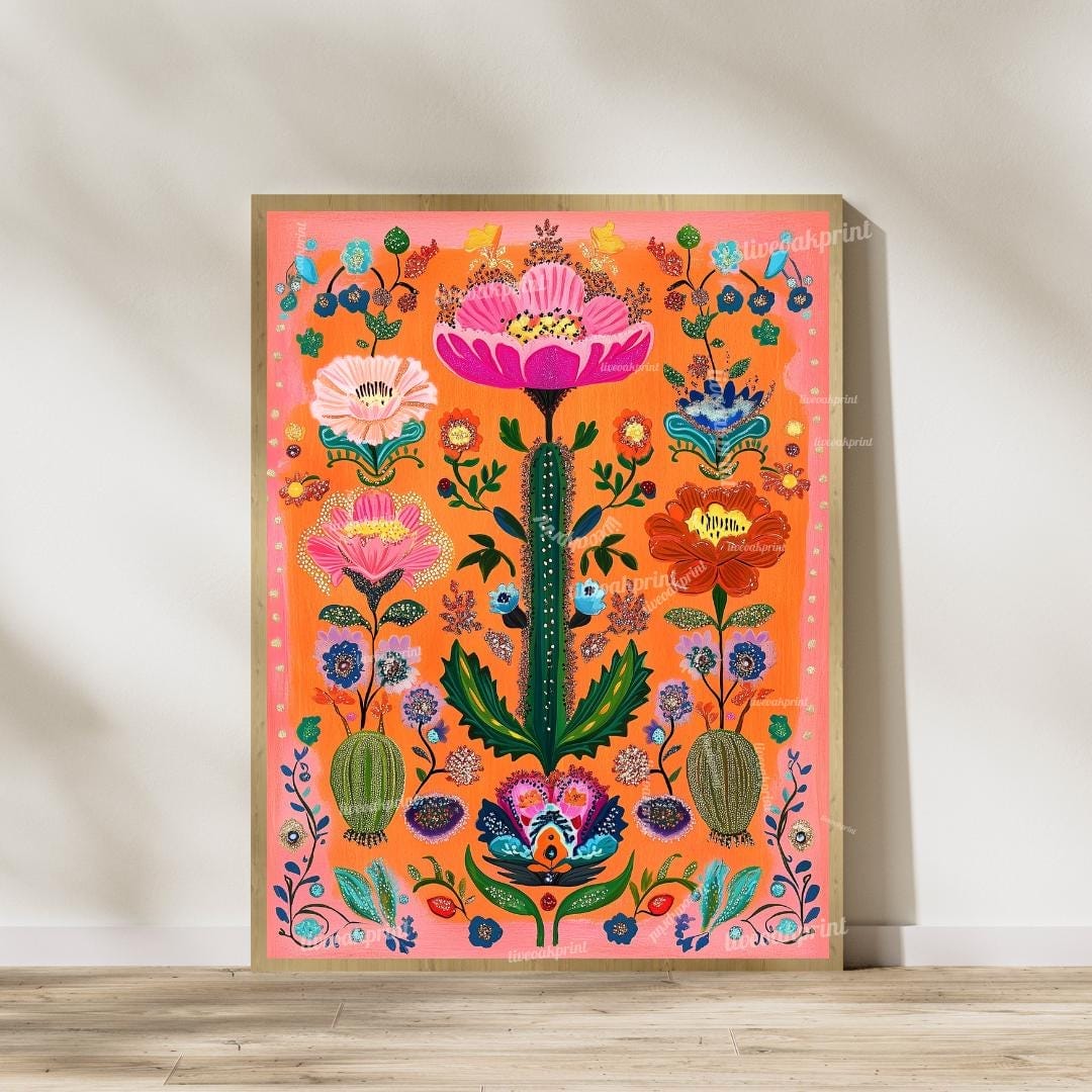 Set of Two Vibrant Mexican Cactus Wall Art – Folk-Style Desert Print Colorful Pink & Orange Maximalist Décor for Southwestern or Boho Homes