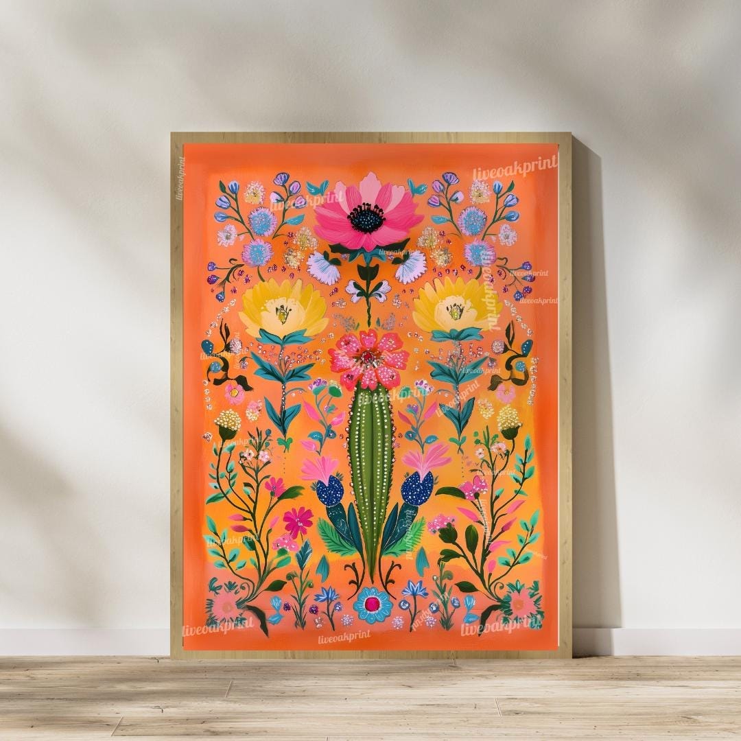Set of Two Vibrant Mexican Cactus Wall Art – Folk-Style Desert Print Colorful Pink & Orange Maximalist Décor for Southwestern or Boho Homes