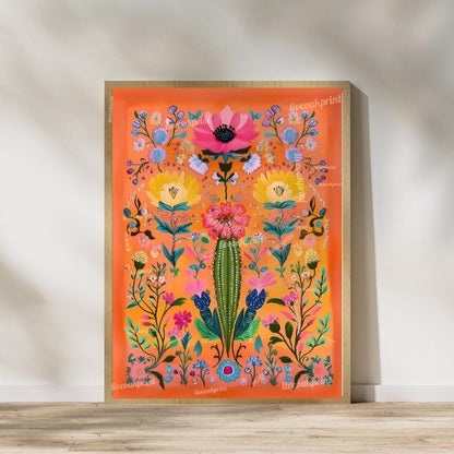 Set of Two Vibrant Mexican Cactus Wall Art – Folk-Style Desert Print Colorful Pink & Orange Maximalist Décor for Southwestern or Boho Homes