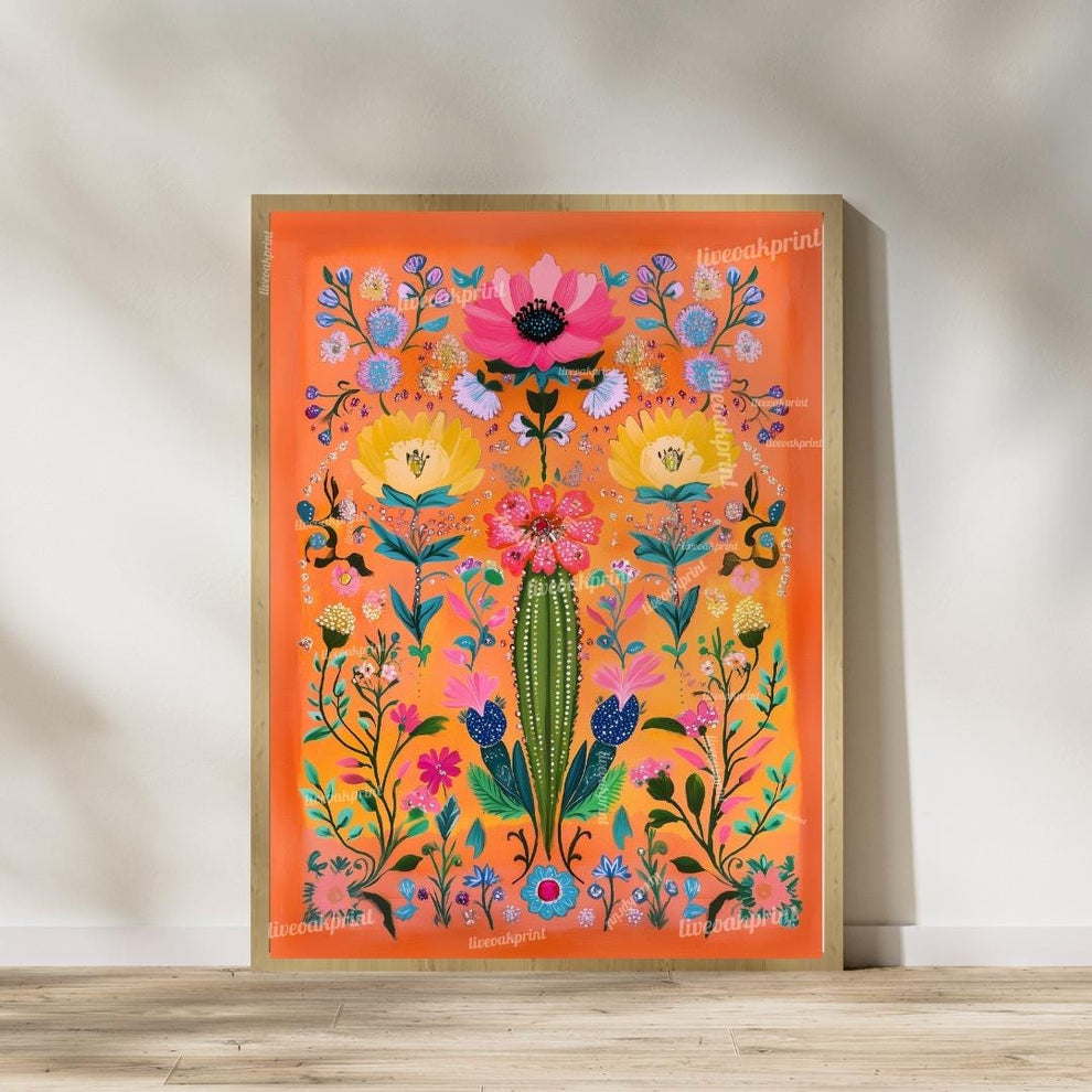 Set of Two Vibrant Mexican Cactus Wall Art – Folk-Style Desert Print Colorful Pink & Orange Maximalist Décor for Southwestern or Boho Homes