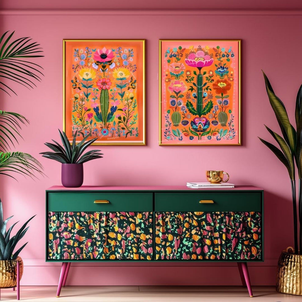 Set of Two Vibrant Mexican Cactus Wall Art – Folk-Style Desert Print Colorful Pink & Orange Maximalist Décor for Southwestern or Boho Homes