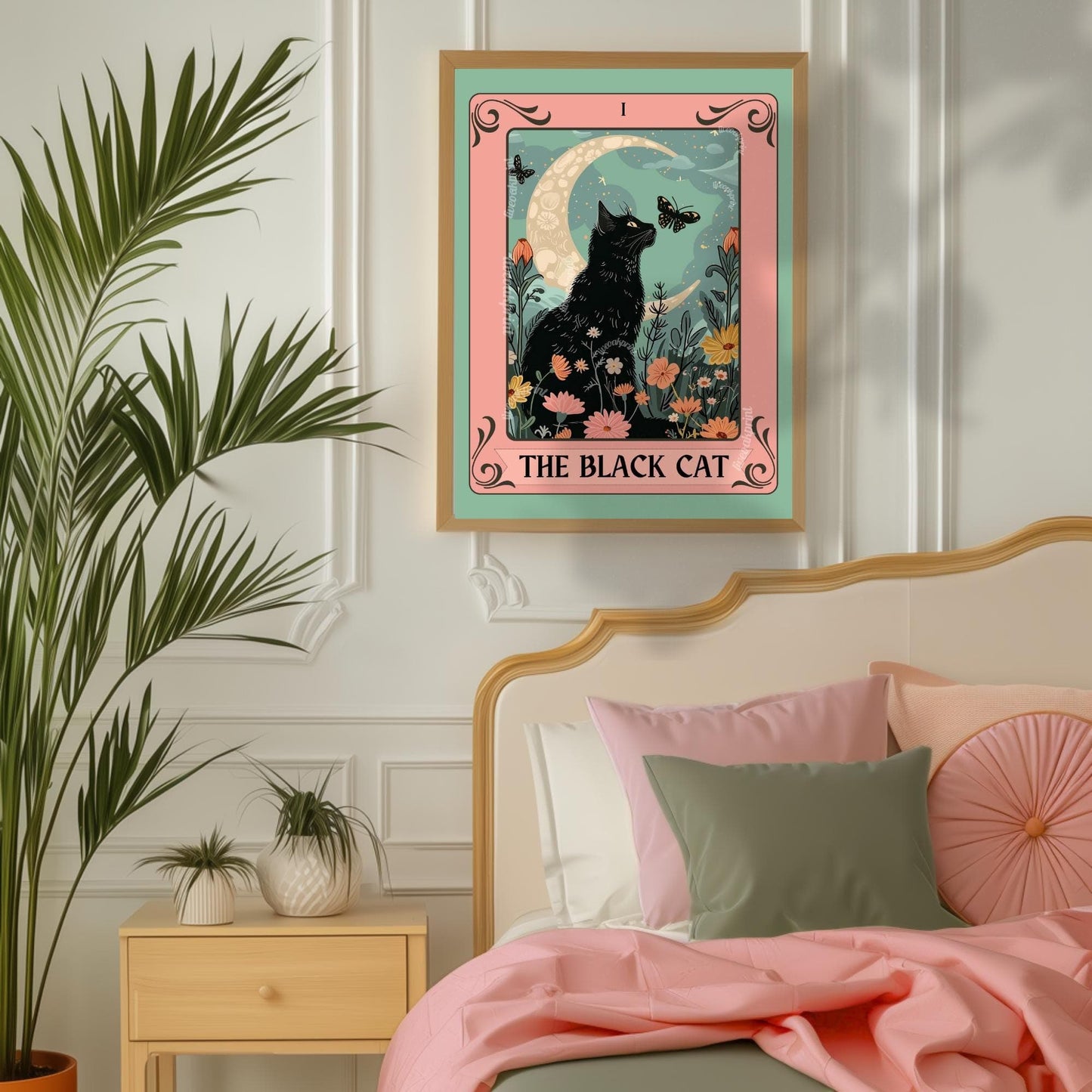 Black Cat Tarot Art Print – Witchy Cat Wall Art Botanical Cat Decor Mystical Cat Lover Gift Boho Tarot Poster Living Room Cat Decor