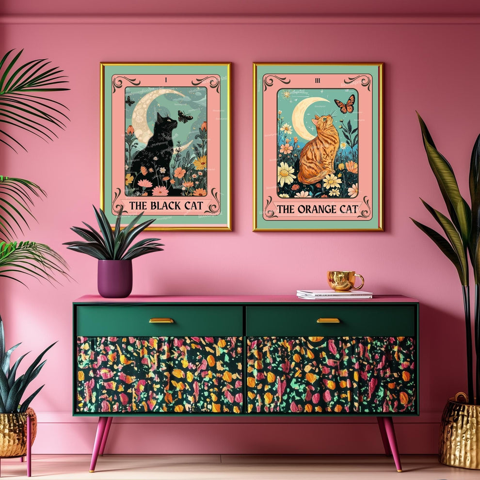 Black Cat Tarot Art Print – Witchy Cat Wall Art Botanical Cat Decor Mystical Cat Lover Gift Boho Tarot Poster Living Room Cat Decor