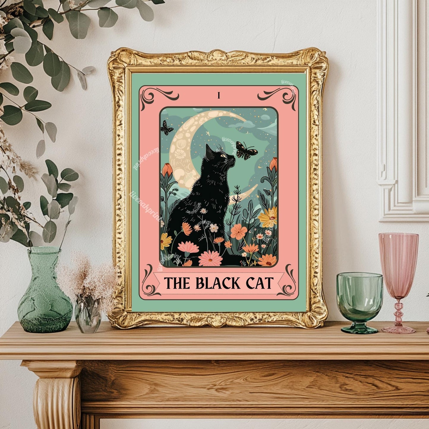 Black Cat Tarot Art Print – Witchy Cat Wall Art Botanical Cat Decor Mystical Cat Lover Gift Boho Tarot Poster Living Room Cat Decor