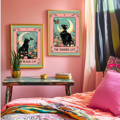 Black Cat Tarot Art Print – Witchy Cat Wall Art Botanical Cat Decor Mystical Cat Lover Gift Boho Tarot Poster Living Room Cat Decor