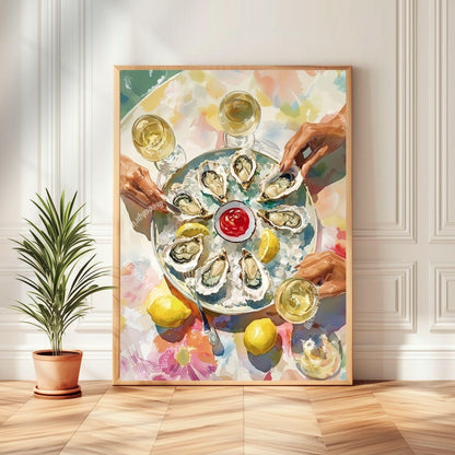 Oyster Party Art Print – Maximalist Kitchen Wall Art Elegant Seafood Print Chic Dinner Party Decor Coastal Dining Room Art Retro Food Print