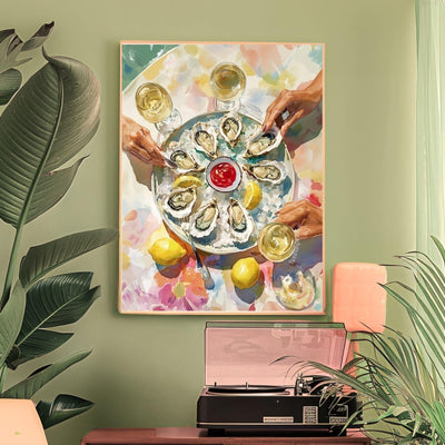 Oyster Party Art Print – Maximalist Kitchen Wall Art Elegant Seafood Print Chic Dinner Party Decor Coastal Dining Room Art Retro Food Print