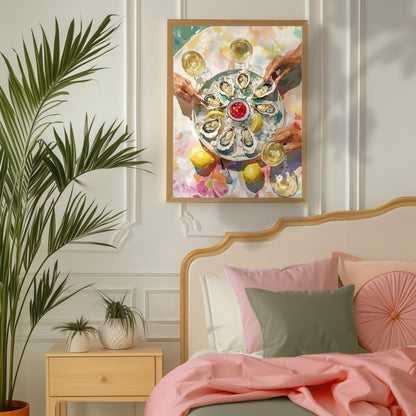 Oyster Party Art Print – Maximalist Kitchen Wall Art Elegant Seafood Print Chic Dinner Party Decor Coastal Dining Room Art Retro Food Print