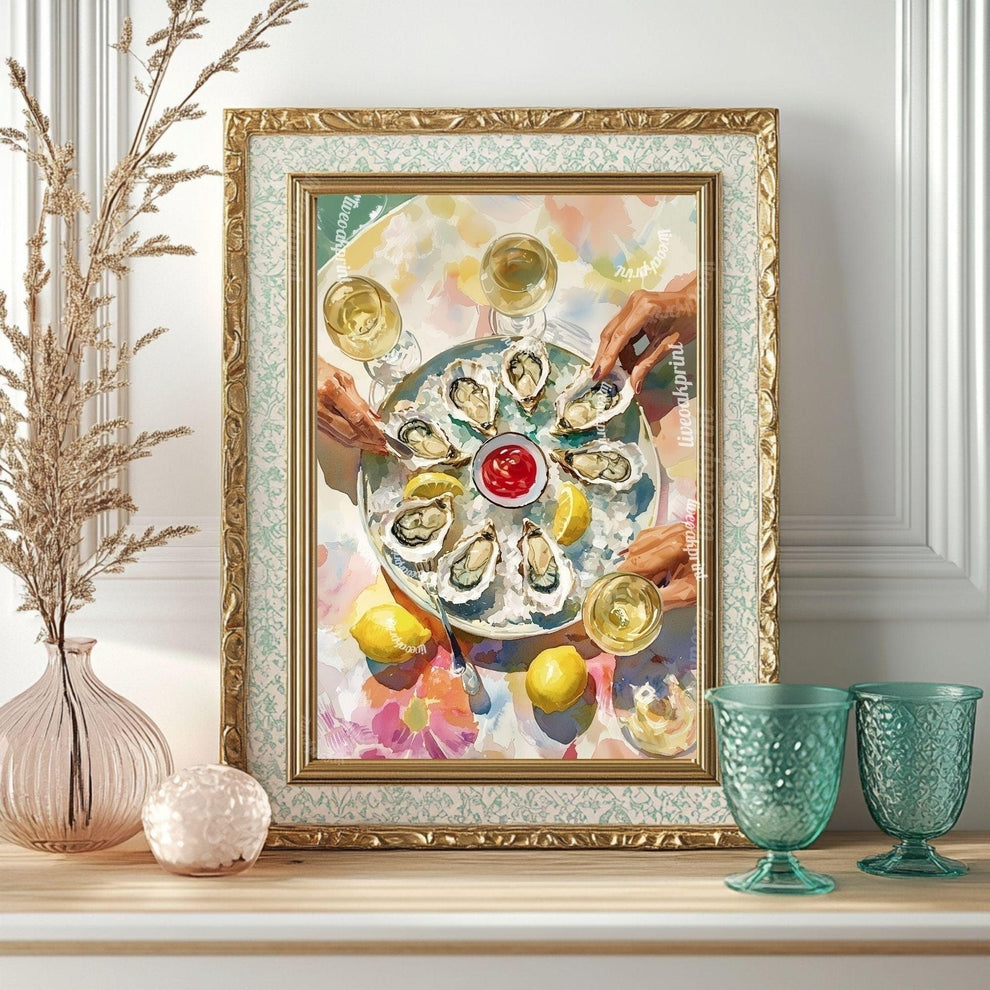 Oyster Party Art Print – Maximalist Kitchen Wall Art Elegant Seafood Print Chic Dinner Party Decor Coastal Dining Room Art Retro Food Print