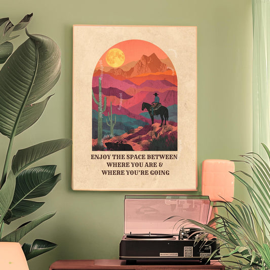 Desert Cowboy Wall Art – Western Sunset Print Retro Cowboy Quote Art Cactus Wall Decor Inspiring Western Poster for Cowgirl Room