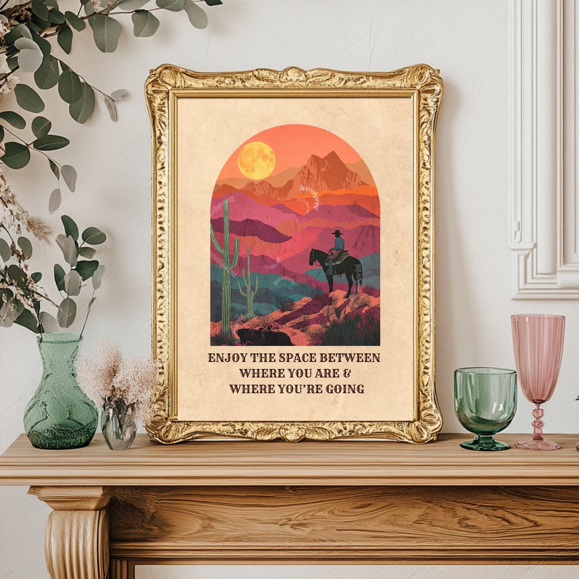 Desert Cowboy Wall Art – Western Sunset Print Retro Cowboy Quote Art Cactus Wall Decor Inspiring Western Poster for Cowgirl Room