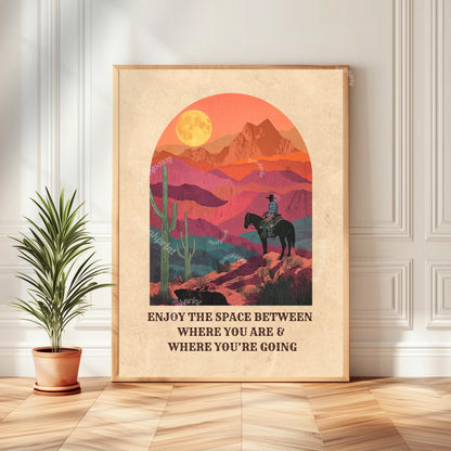 Desert Cowboy Wall Art – Western Sunset Print Retro Cowboy Quote Art Cactus Wall Decor Inspiring Western Poster for Cowgirl Room