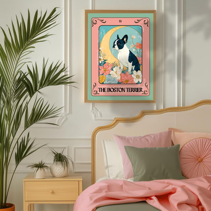 Boston Terrier Wall Art – Boston Tarot Art Print – Boston Terrier Owner Gift Boho Tarot Poster Dog Living Room Boston Terrier Art Print