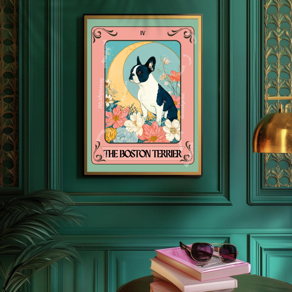 Boston Terrier Wall Art – Boston Tarot Art Print – Boston Terrier Owner Gift Boho Tarot Poster Dog Living Room Boston Terrier Art Print