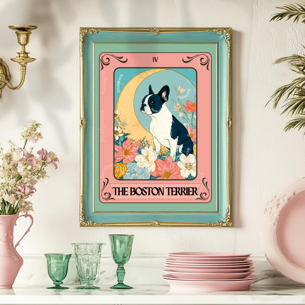 Boston Terrier Wall Art – Boston Tarot Art Print – Boston Terrier Owner Gift Boho Tarot Poster Dog Living Room Boston Terrier Art Print