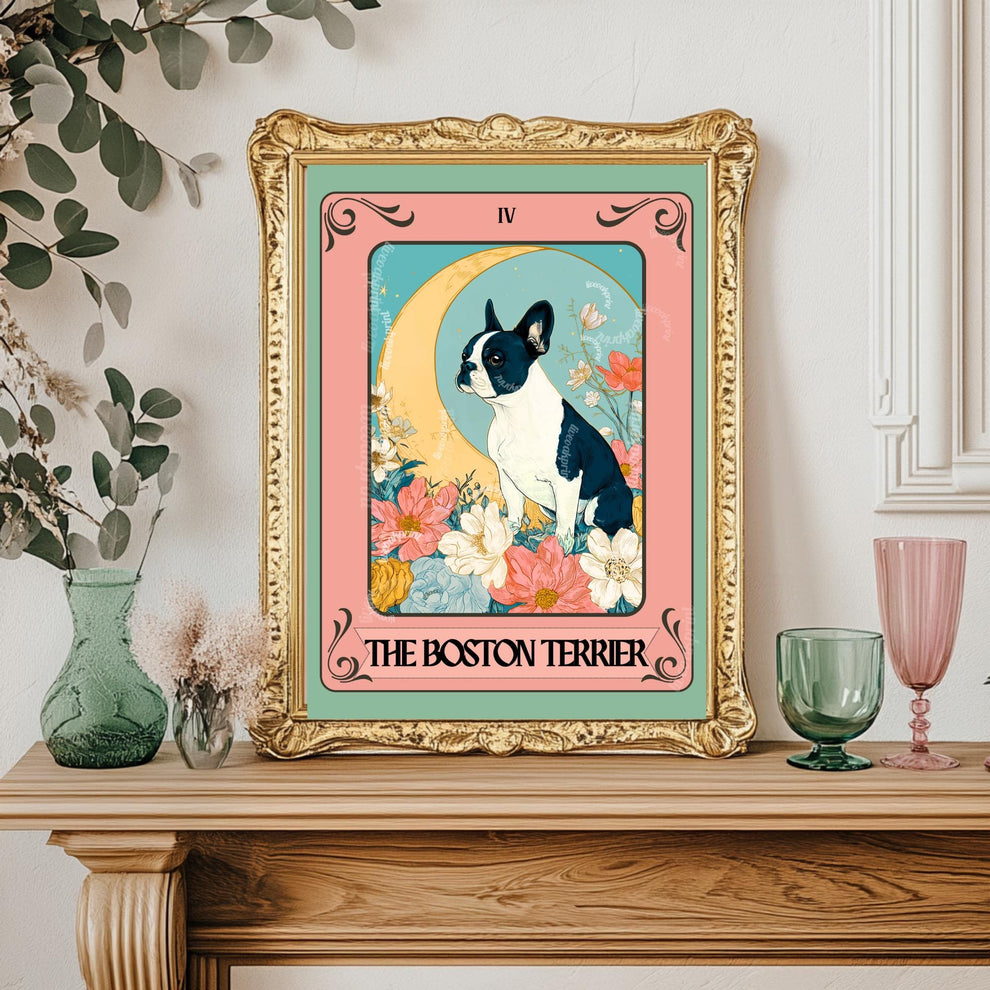 Boston Terrier Wall Art – Boston Tarot Art Print – Boston Terrier Owner Gift Boho Tarot Poster Dog Living Room Boston Terrier Art Print