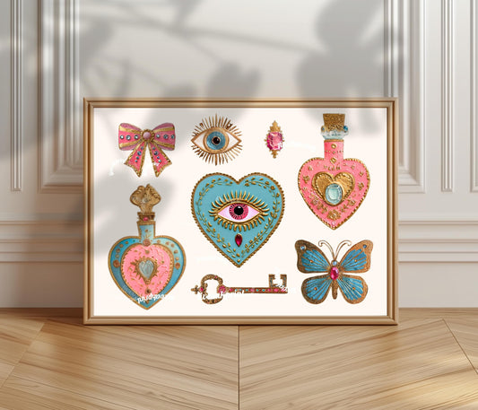 Horizontal Surrealist Art Print – Pink and Blue Heart Eye Wall Art Jeweled Trinket Collage Butterfly Bow Art Maximalist Coquette Aesthetic