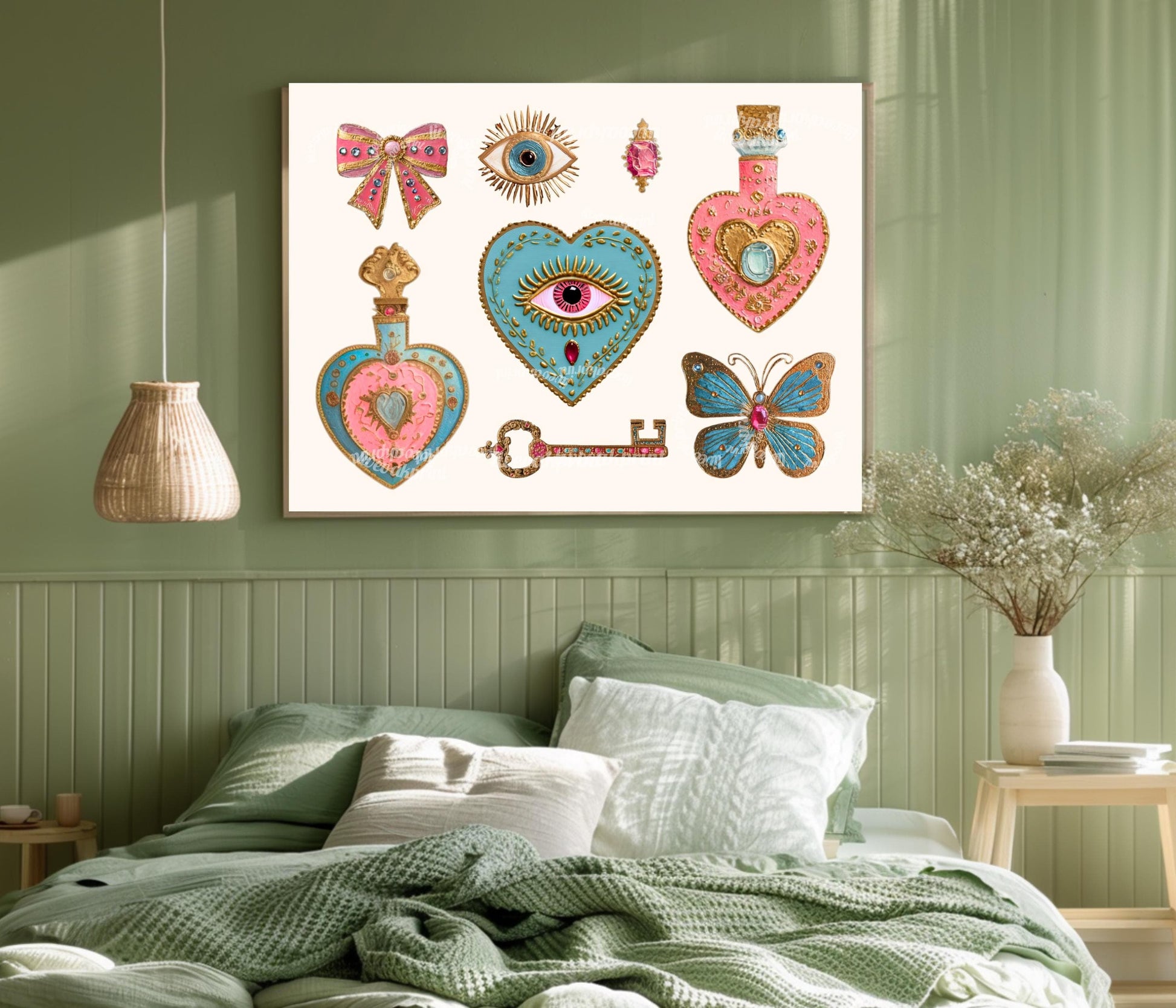Horizontal Surrealist Art Print – Pink and Blue Heart Eye Wall Art Jeweled Trinket Collage Butterfly Bow Art Maximalist Coquette Aesthetic