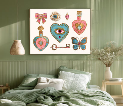 Horizontal Surrealist Art Print – Pink and Blue Heart Eye Wall Art Jeweled Trinket Collage Butterfly Bow Art Maximalist Coquette Aesthetic