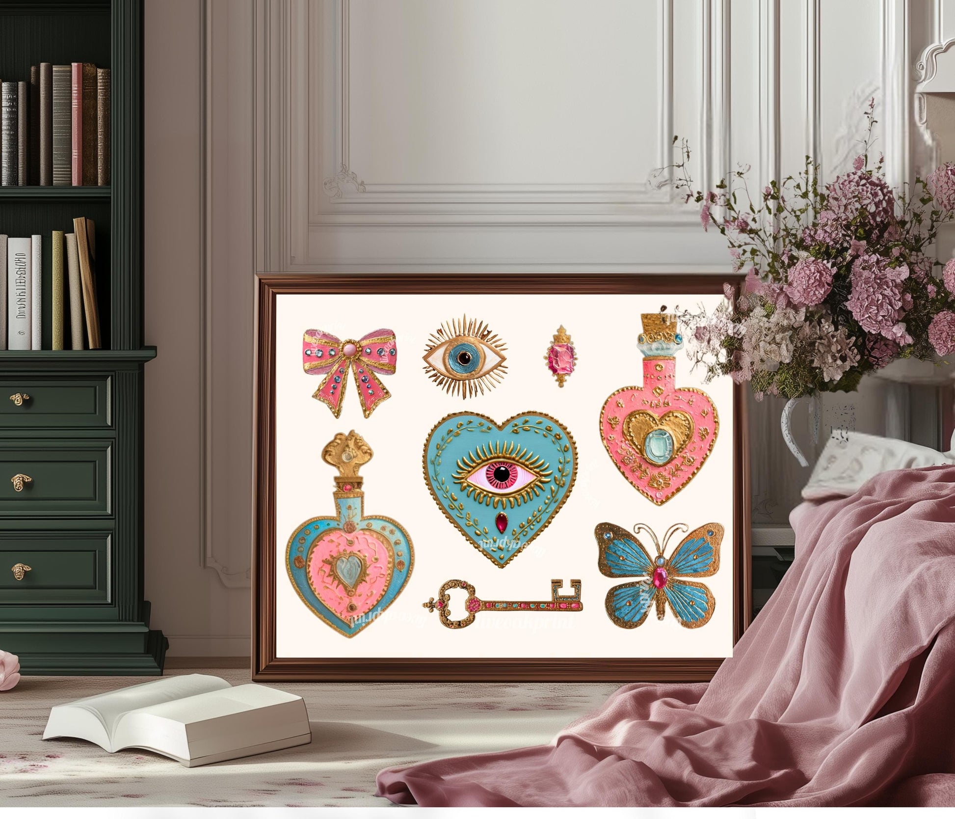 Horizontal Surrealist Art Print – Pink and Blue Heart Eye Wall Art Jeweled Trinket Collage Butterfly Bow Art Maximalist Coquette Aesthetic