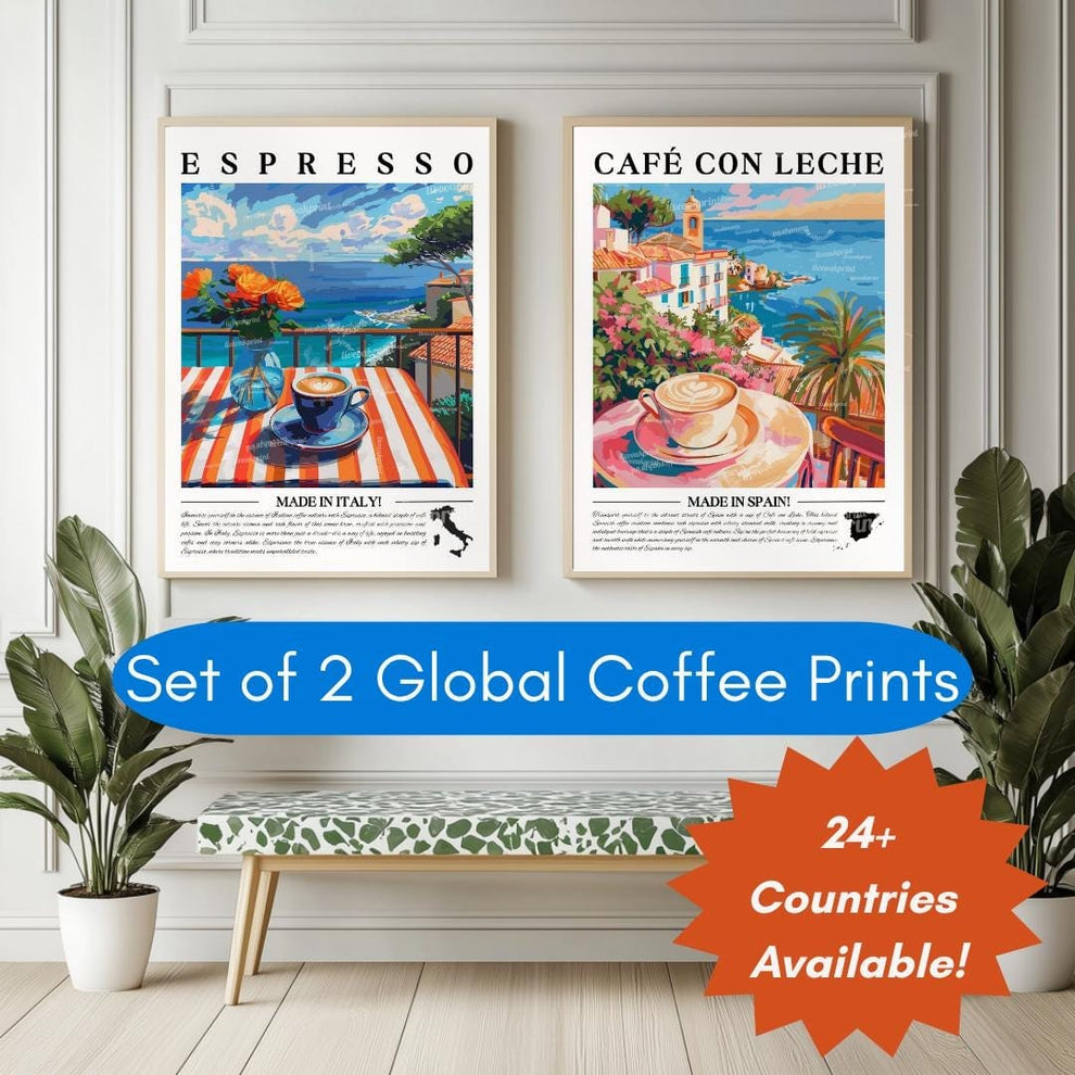 Set of 2 Coffee Prints – Framed, Unframed, or Canvas – Coffee Wall Art Set Kitchen Decor for Coffee Lovers Cafe Art Coffee Bar Prints