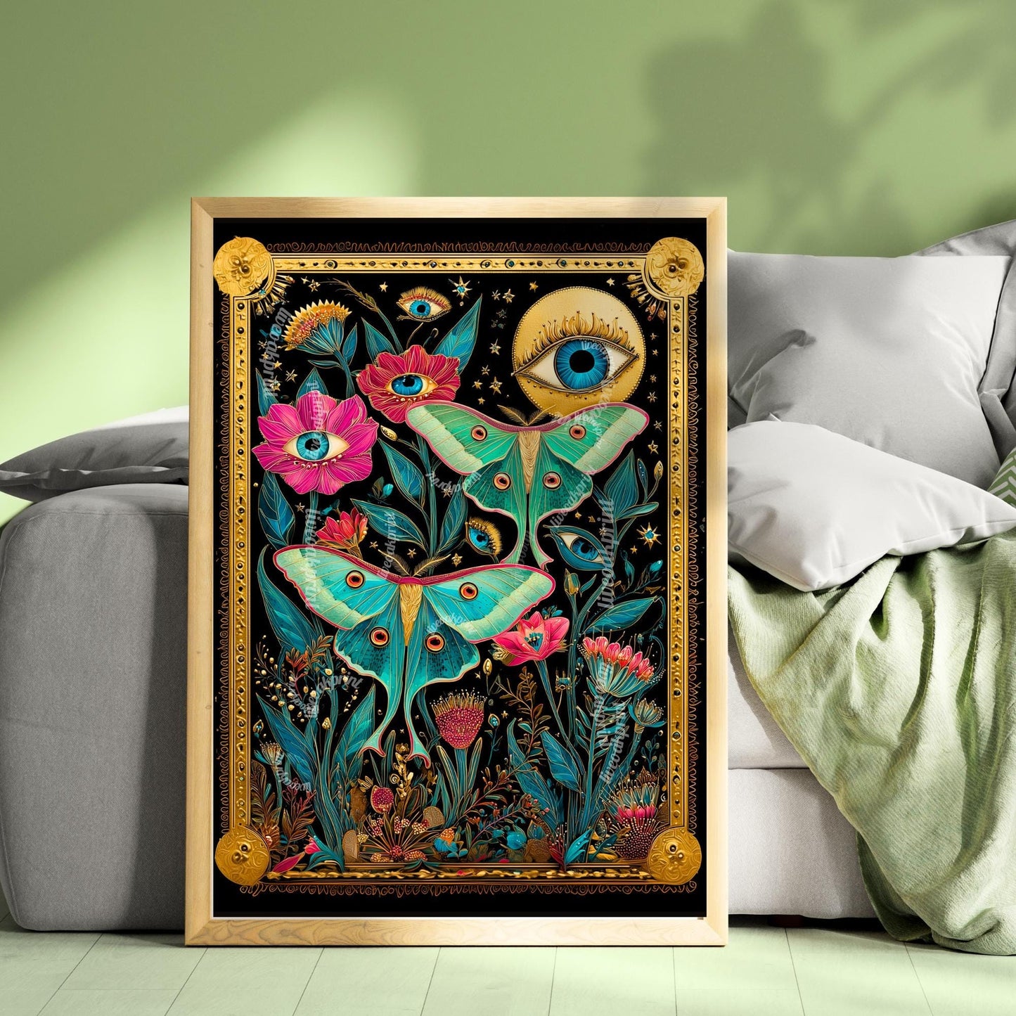 Luna Moth Eye Art Print – Dark Academia Wall Art Surreal Maximalist Wall Art Witchy Garden Decor Lunar Moth Art Celestial Gothic Print