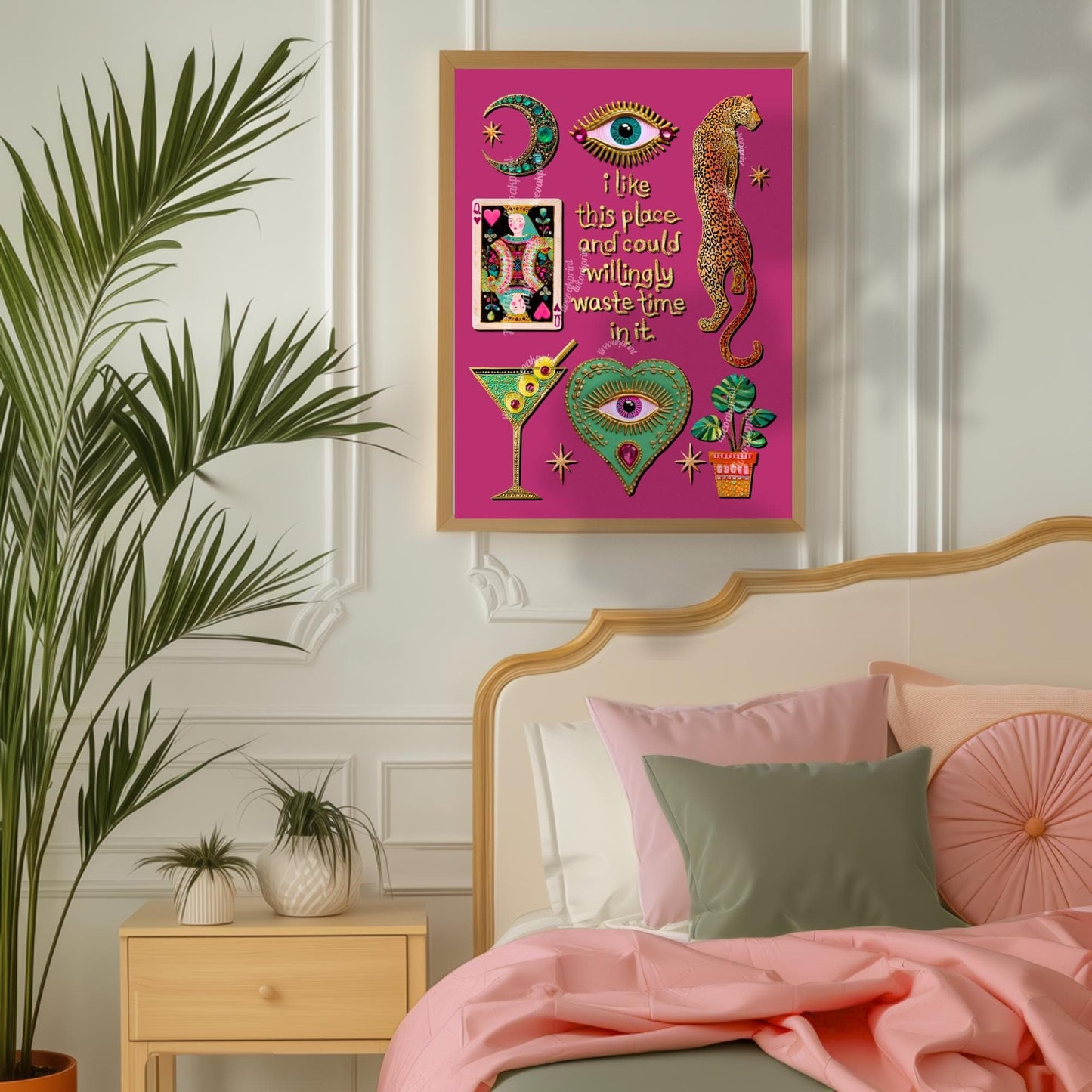 I Like This Place and Could Willingly Waste Time in It Print – Pink Leopard Wall Art Eye Heart Decor Funky Tarot Art Print Witchy Boho Art