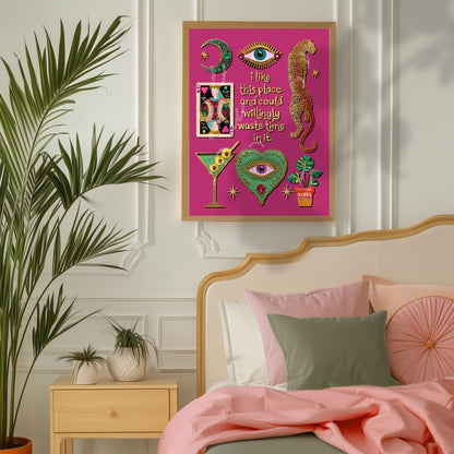 I Like This Place and Could Willingly Waste Time in It Print – Pink Leopard Wall Art Eye Heart Decor Funky Tarot Art Print Witchy Boho Art