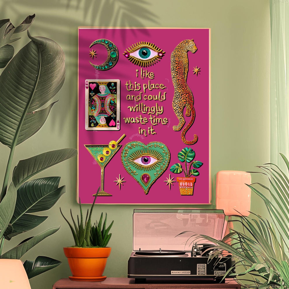 I Like This Place and Could Willingly Waste Time in It Print – Pink Leopard Wall Art Eye Heart Decor Funky Tarot Art Print Witchy Boho Art