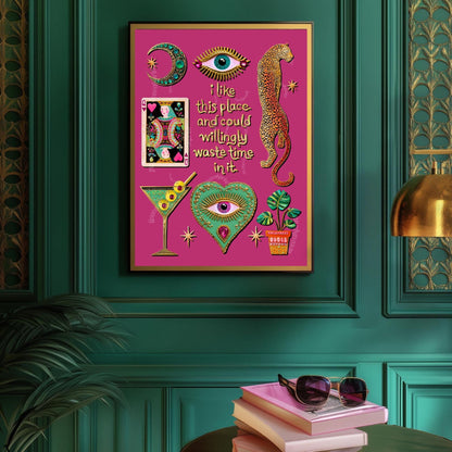 I Like This Place and Could Willingly Waste Time in It Print – Pink Leopard Wall Art Eye Heart Decor Funky Tarot Art Print Witchy Boho Art