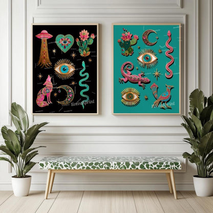 Surreal Southwestern Wall Art Set of Two Prints – Boho Desert Animal Prints with Snakes Eyes and Cactus for Witchy Maximalist Home Decor