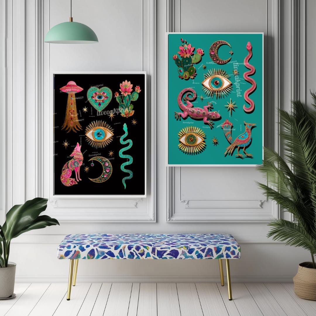 Surreal Southwestern Wall Art Set of Two Prints – Boho Desert Animal Prints with Snakes Eyes and Cactus for Witchy Maximalist Home Decor
