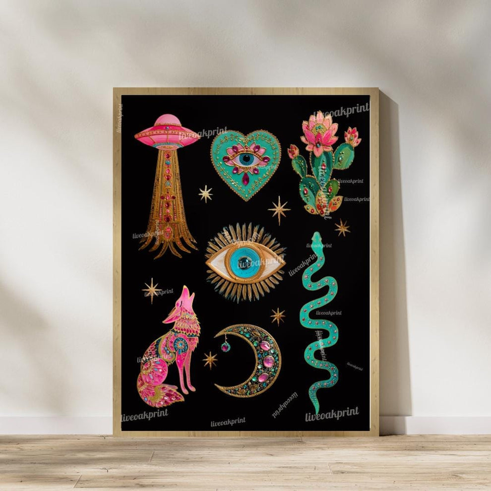 Surreal Southwestern Wall Art Set of Two Prints – Boho Desert Animal Prints with Snakes Eyes and Cactus for Witchy Maximalist Home Decor