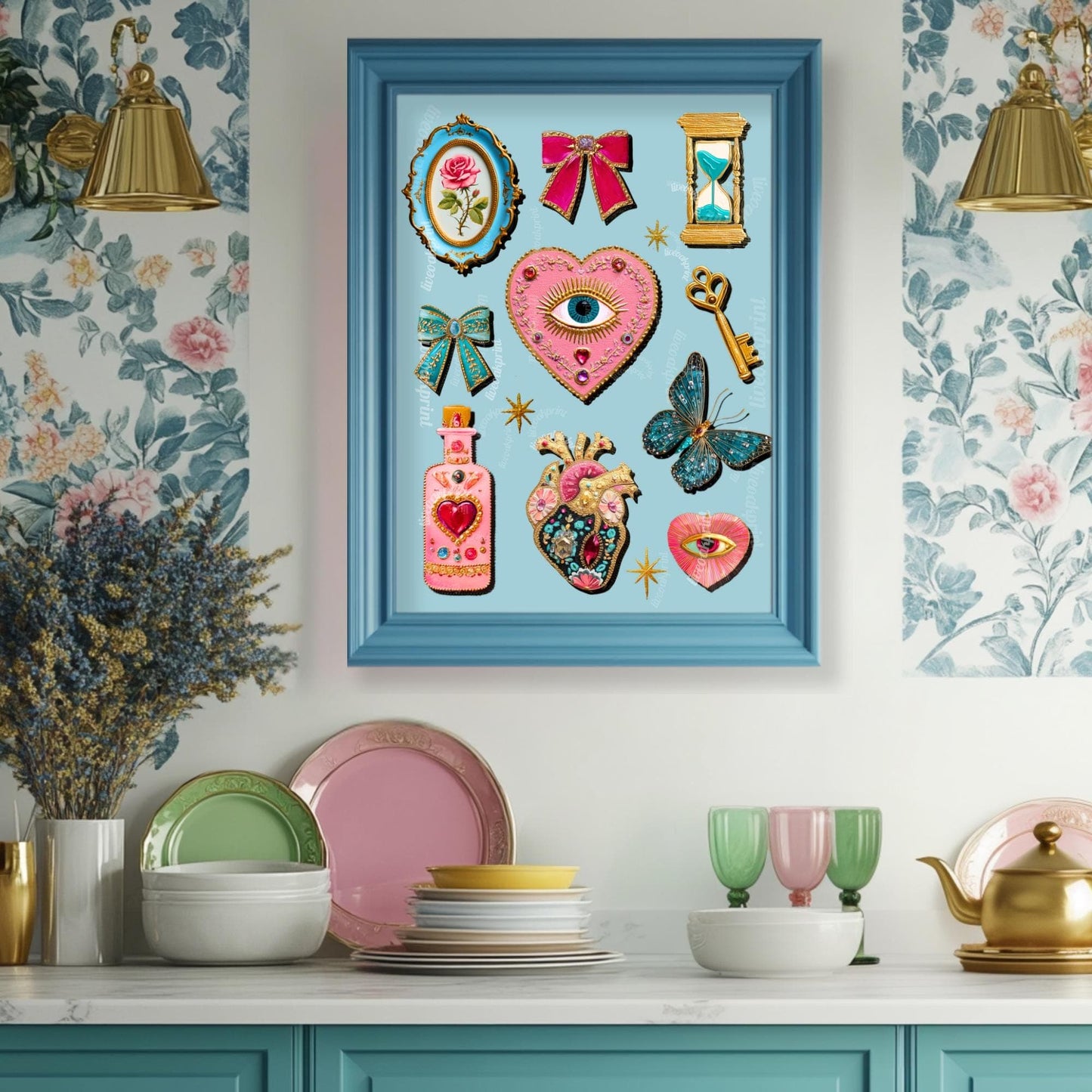 Light Blue Coquette Wall Art – Eyes Wall Art Heart Eye Decor Bow Wall Art and Butterflies Art Print Whimsical Boho Decor for Bedroom Wall