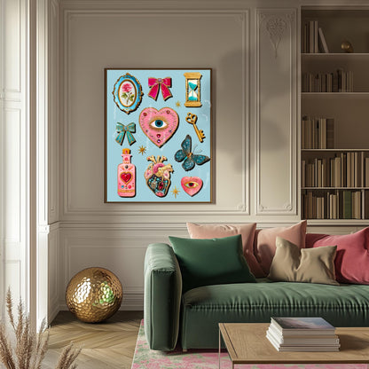 Light Blue Coquette Wall Art – Eyes Wall Art Heart Eye Decor Bow Wall Art and Butterflies Art Print Whimsical Boho Decor for Bedroom Wall