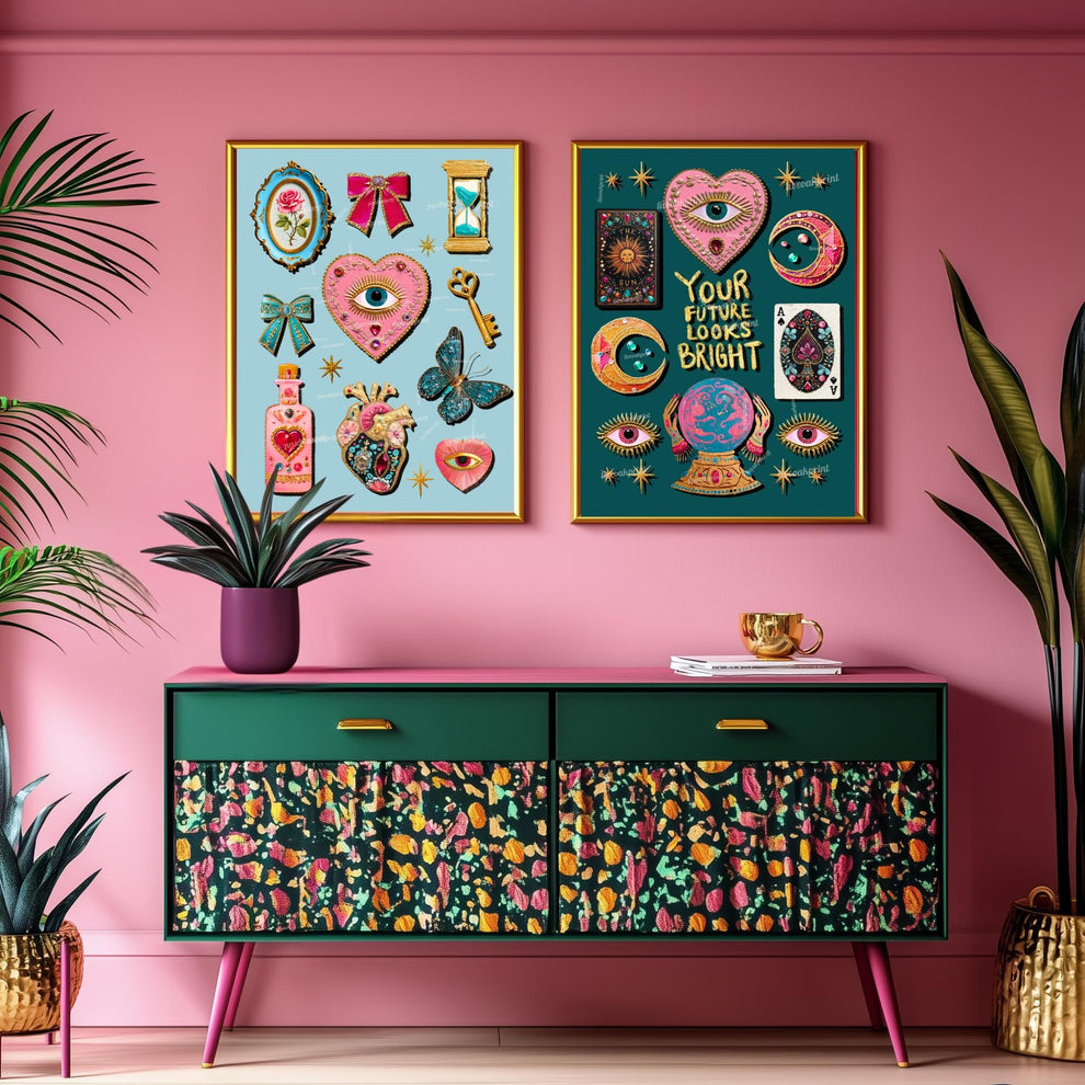 Light Blue Coquette Wall Art – Eyes Wall Art Heart Eye Decor Bow Wall Art and Butterflies Art Print Whimsical Boho Decor for Bedroom Wall