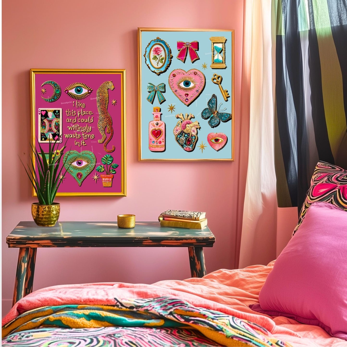 Light Blue Coquette Wall Art – Eyes Wall Art Heart Eye Decor Bow Wall Art and Butterflies Art Print Whimsical Boho Decor for Bedroom Wall