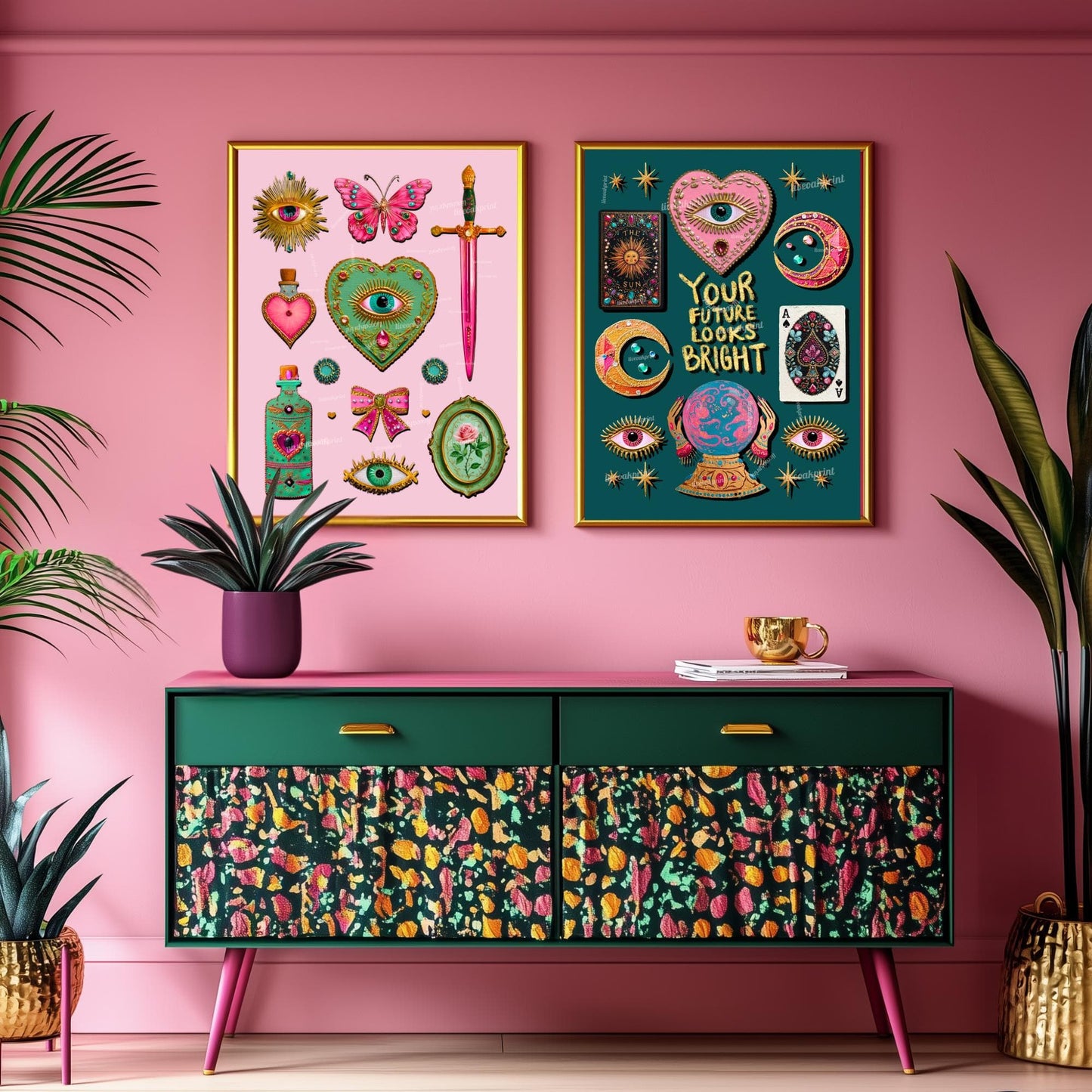 Coquette Pink Surreal Wall Art Print – Eyes Hearts Sword and Butterfly Whimsical Vintage Style Decor for Feminine Gallery Walls