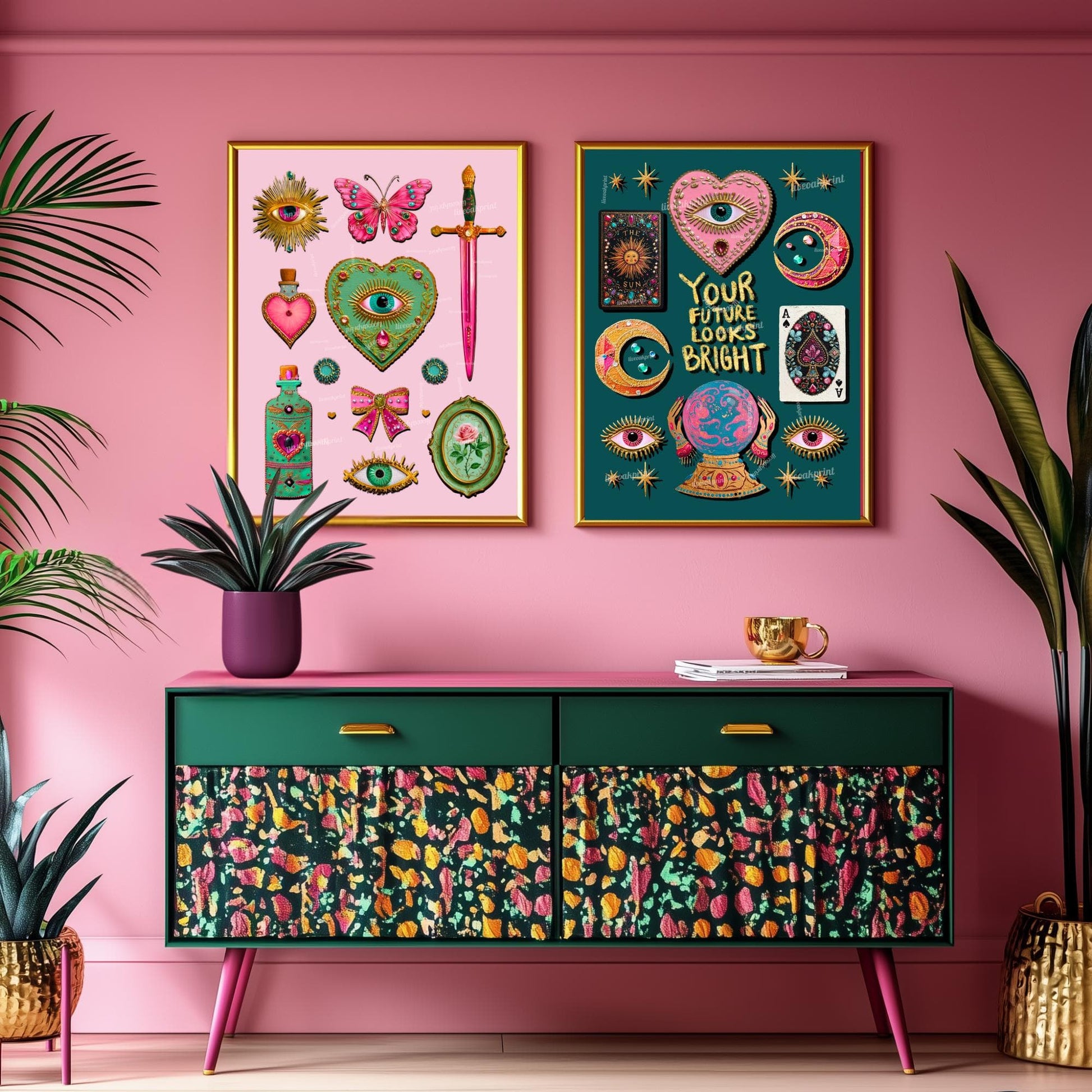 Coquette Pink Surreal Wall Art Print – Eyes Hearts Sword and Butterfly Whimsical Vintage Style Decor for Feminine Gallery Walls