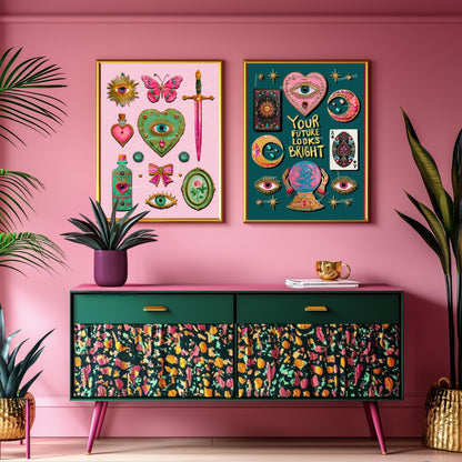 Coquette Pink Surreal Wall Art Print – Eyes Hearts Sword and Butterfly Whimsical Vintage Style Decor for Feminine Gallery Walls