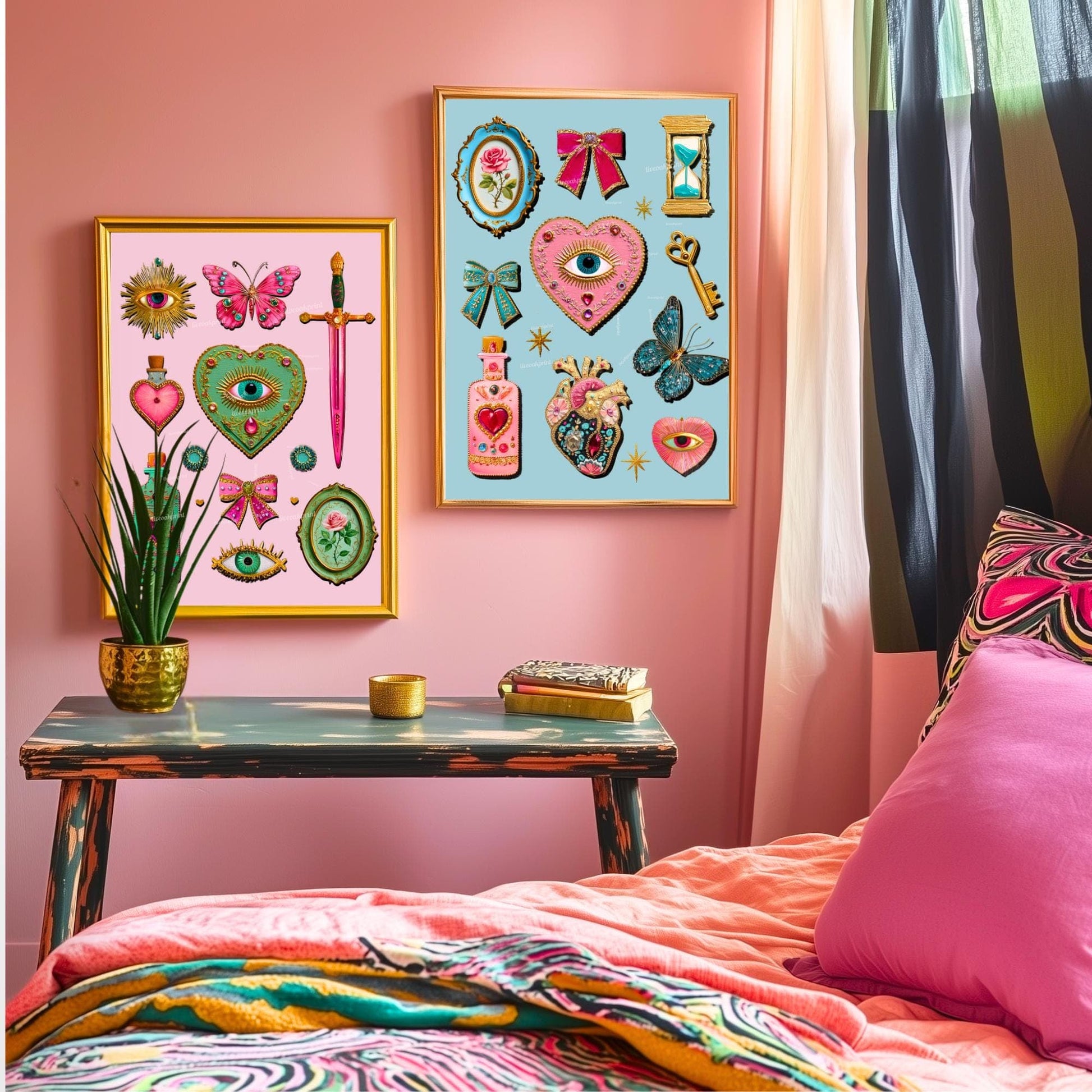 Coquette Pink Surreal Wall Art Print – Eyes Hearts Sword and Butterfly Whimsical Vintage Style Decor for Feminine Gallery Walls