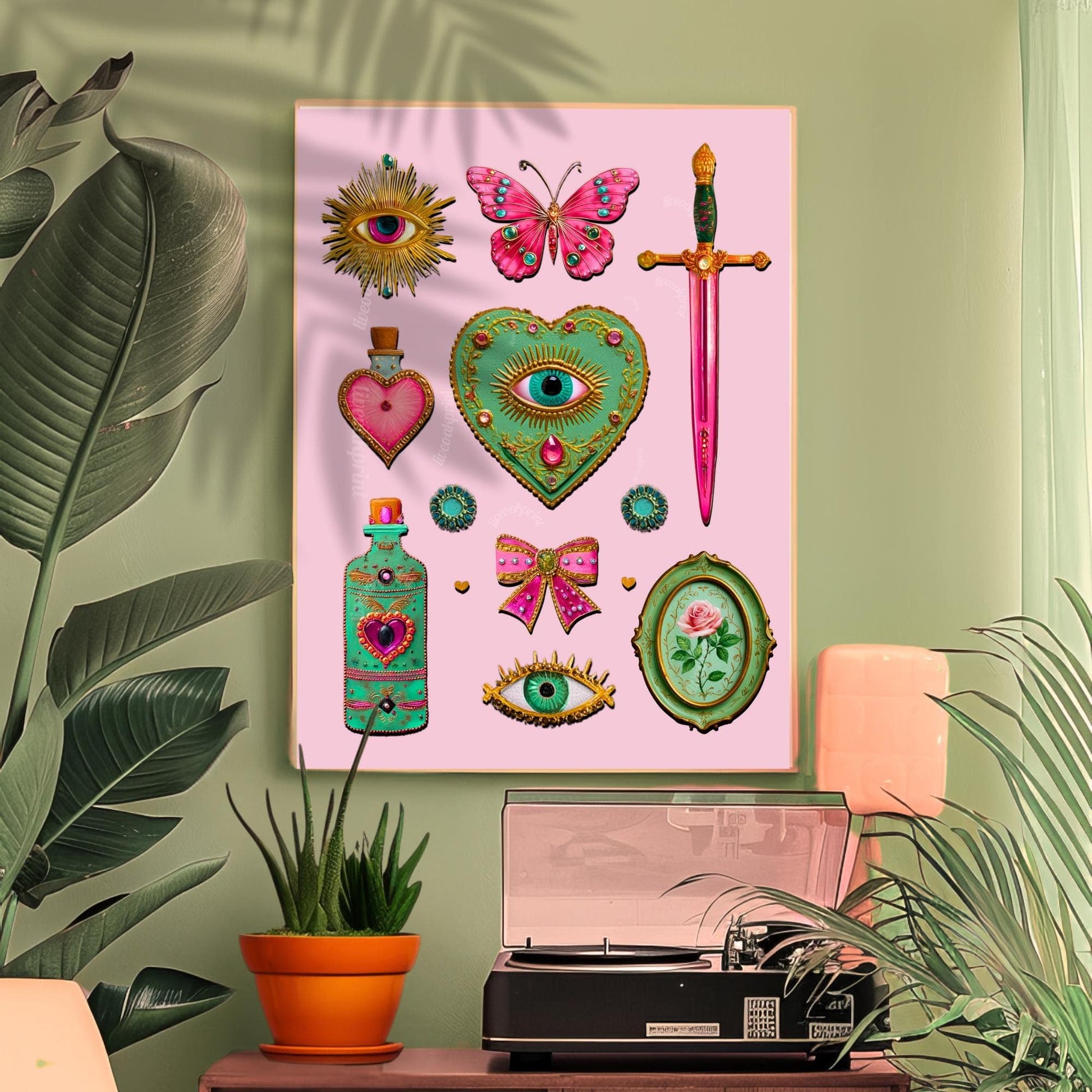 Coquette Pink Surreal Wall Art Print – Eyes Hearts Sword and Butterfly Whimsical Vintage Style Decor for Feminine Gallery Walls
