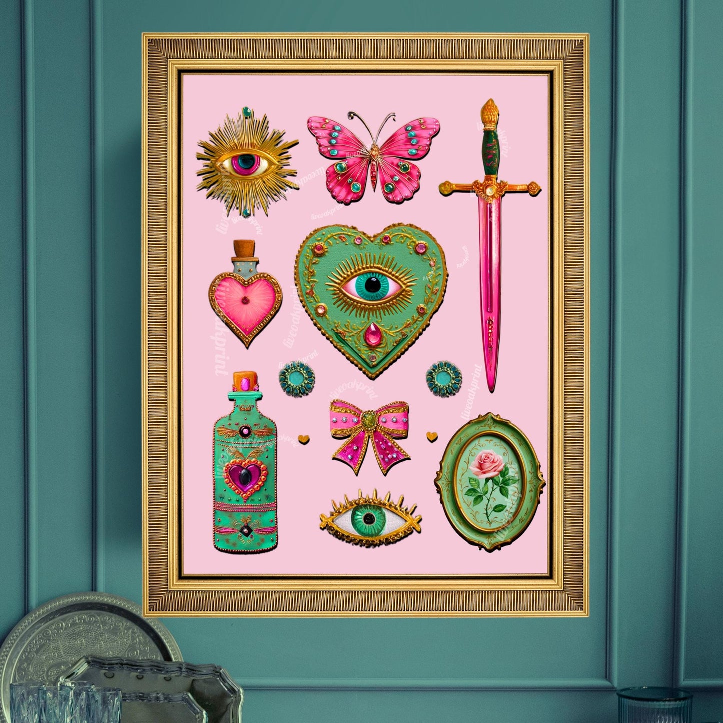 Coquette Pink Surreal Wall Art Print – Eyes Hearts Sword and Butterfly Whimsical Vintage Style Decor for Feminine Gallery Walls