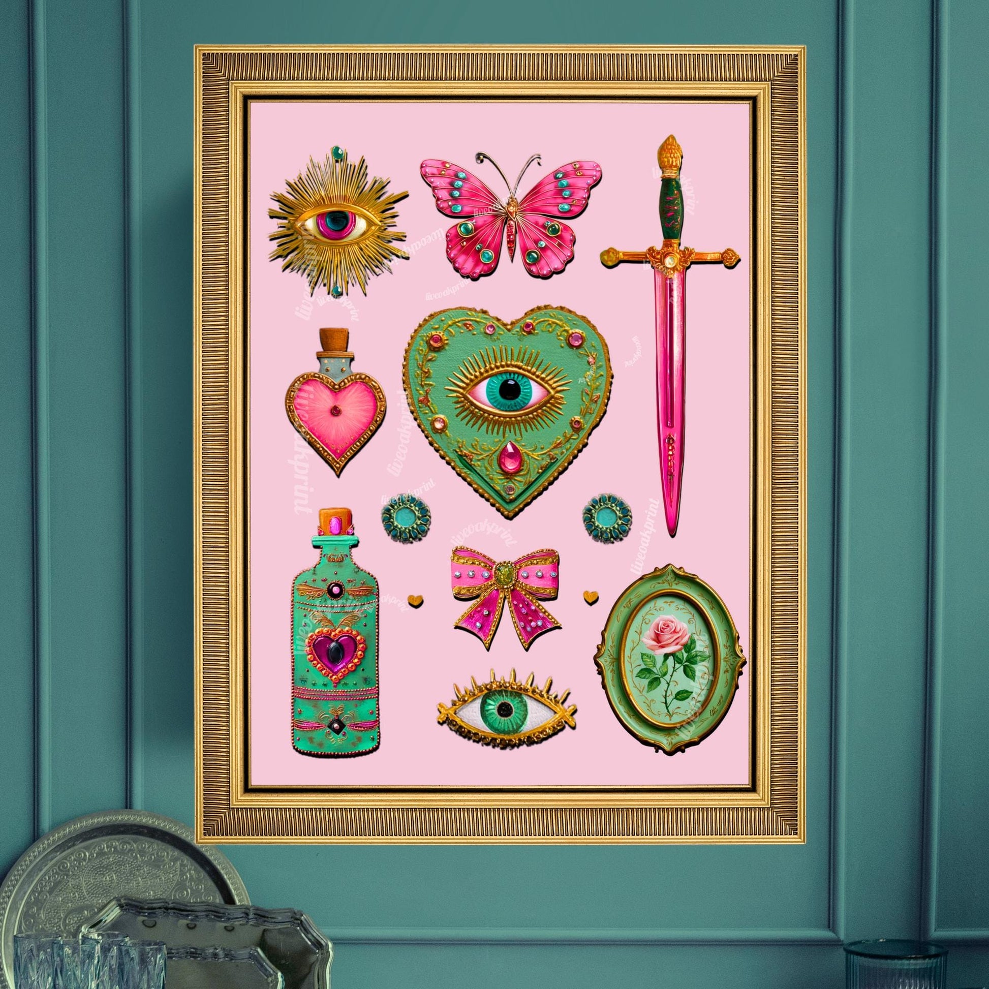 Coquette Pink Surreal Wall Art Print – Eyes Hearts Sword and Butterfly Whimsical Vintage Style Decor for Feminine Gallery Walls