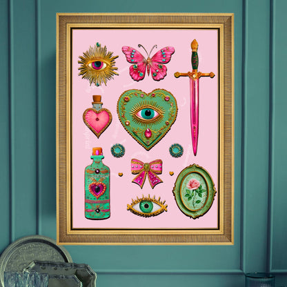Coquette Pink Surreal Wall Art Print – Eyes Hearts Sword and Butterfly Whimsical Vintage Style Decor for Feminine Gallery Walls