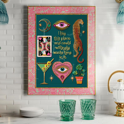 I Like This Place and Could Willingly Waste Time in It Print – Teal Living Room Wall Art Leopard Wall Art Eye Heart Print Teal Art Witchy
