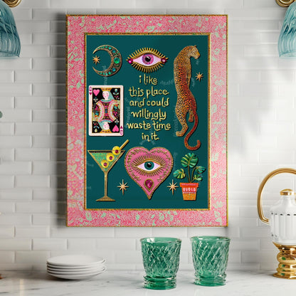 I Like This Place and Could Willingly Waste Time in It Print – Teal Living Room Wall Art Leopard Wall Art Eye Heart Print Teal Art Witchy