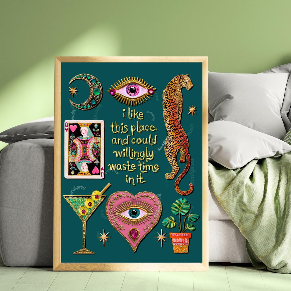 I Like This Place and Could Willingly Waste Time in It Print – Teal Living Room Wall Art Leopard Wall Art Eye Heart Print Teal Art Witchy